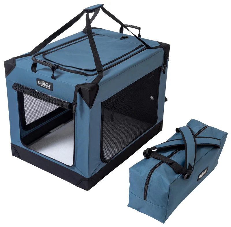 EliteField Cage Souple pour Chien – Quatre Portes, Cadre Aluminium, Sac de Transport, Bleu Gris