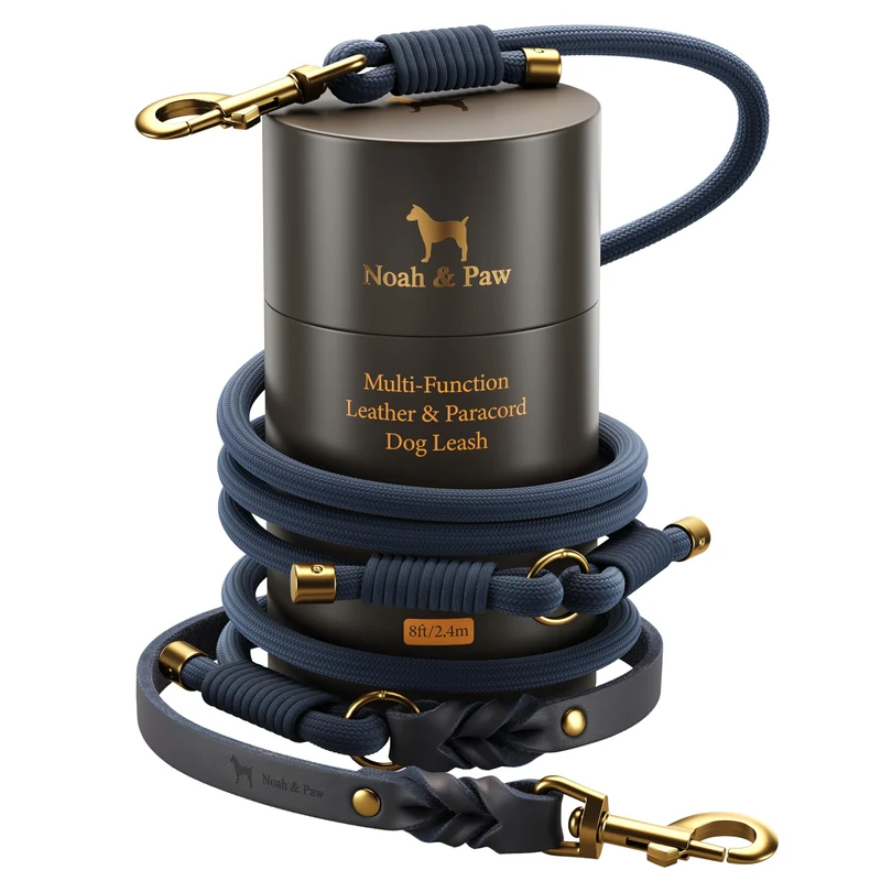 NOAH & PAW Laisse mains-libres 8 pieds (2,4 m) — cuir huilé et paracorde bleu foncé