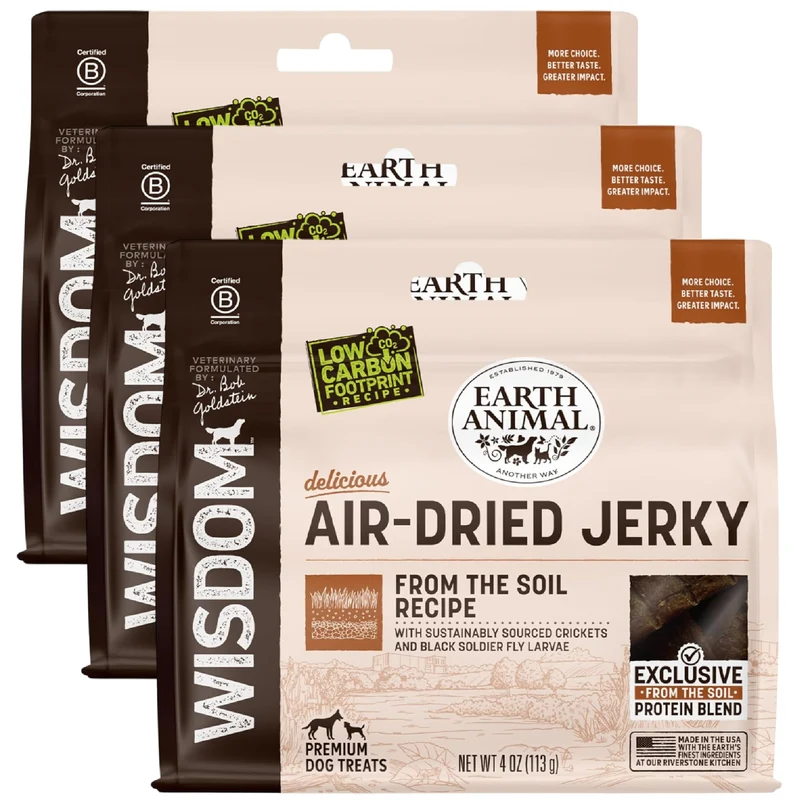 Earth Animal Wisdom Jerky — Recette issue du sol, friandises premium à base d’insectes pour chiens, lot 3x4 oz