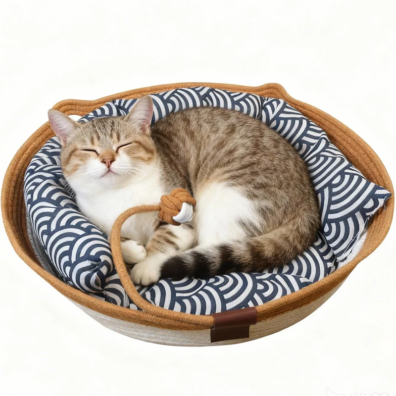 FHKPET Instinct Basket – Panier chat en corde de coton avec coussin, design bohème
