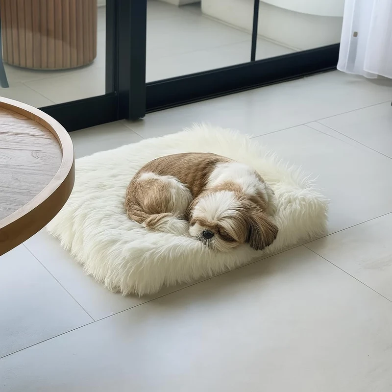 IHAPPYDOG Lit Orthopédique en Fausse Fourrure de Luxe — Mousse à Mémoire pour Cage, 4 Tailles, Housse Imperméable et Lavable, Blanc, 23x18 pouces