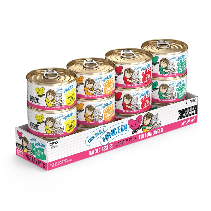 Weruva BFF Minced — Nourriture humide naturelle pour chat, Pack varié avec quatre recettes de thon, 12 boîtes de 3 oz