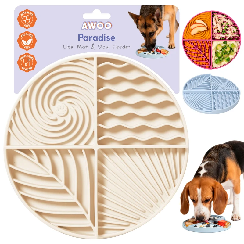 Awoo Paradise: Tapis Lick Mat et Slow Feeder en Silicone – Antidérapant, Lavable, Almond