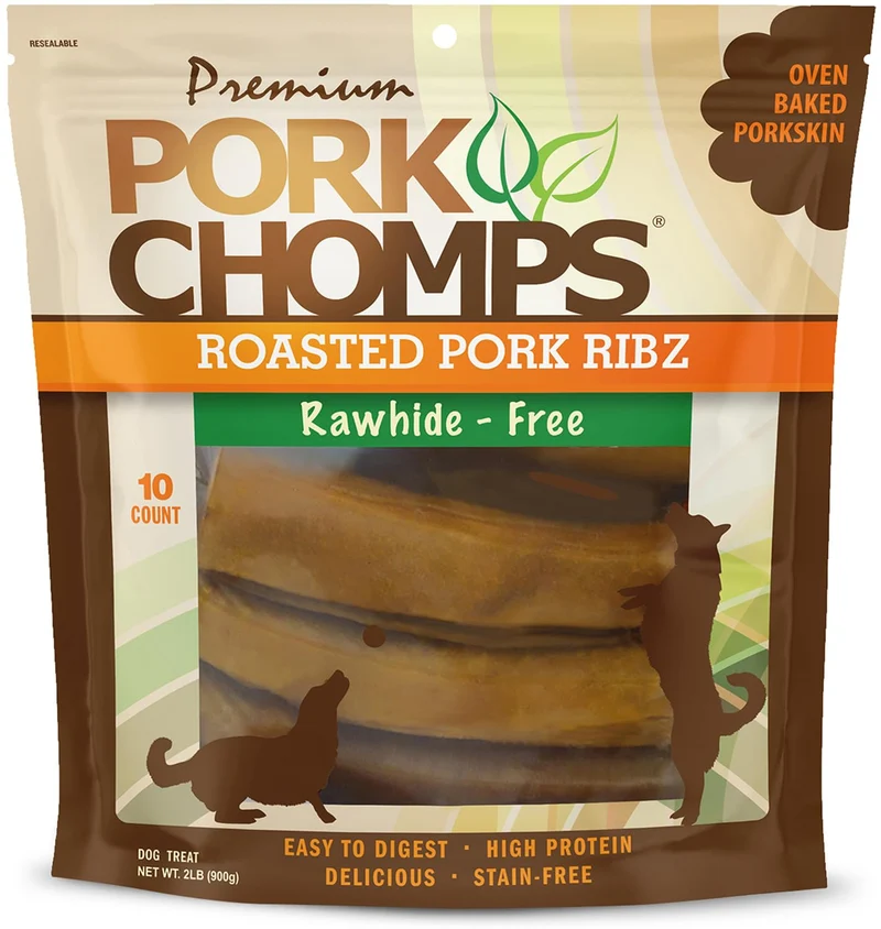 Pork Chomps - Friandises de peau de porc rôtie, formes côtes 6 pouces, pack 1 (10 pièces), sans rawhide
