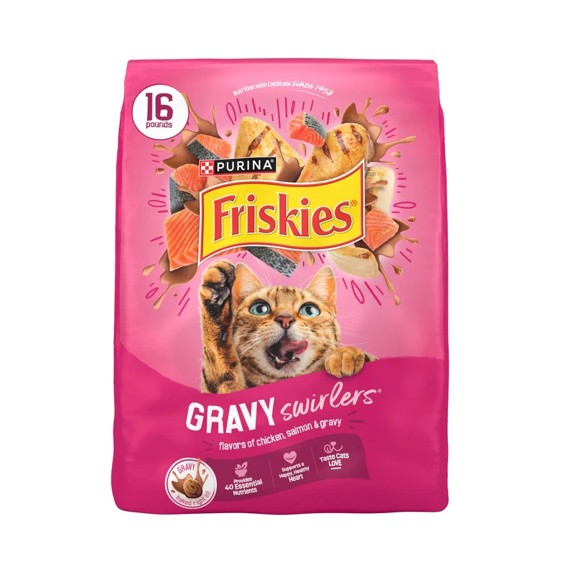 Friskies Gravy Swirlers – Croquettes pour chat Saveur Poulet et Saumon avec Bouillon, 7,25 kg