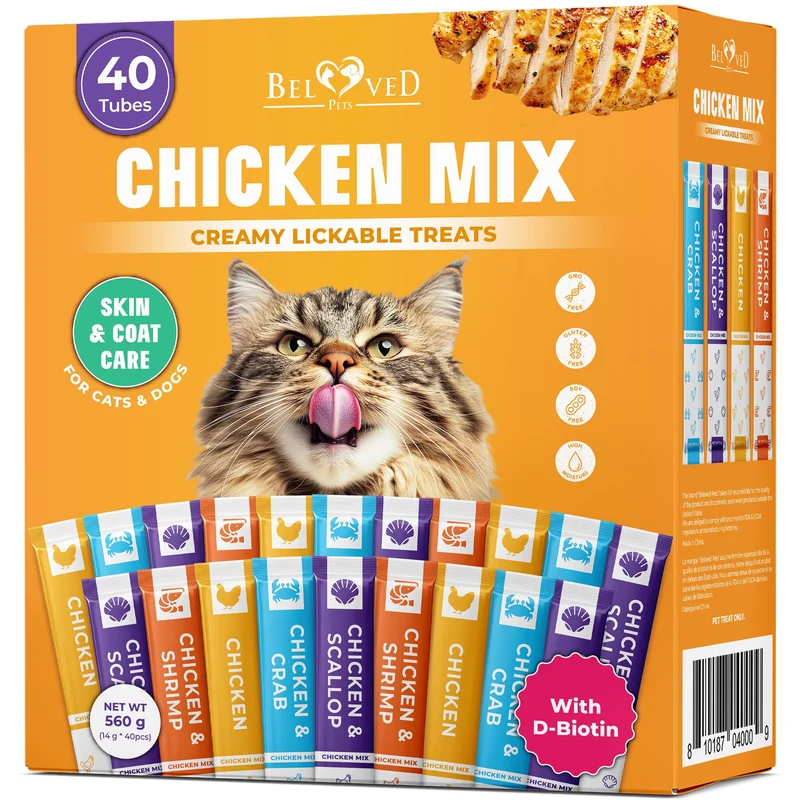 Beloved Pets Délices Crèmeux Lickables: Snacks Liquides en Tube (Poulet) pour Chats et Petits Chiens – Soin Peau et Pelage, Multivitamines