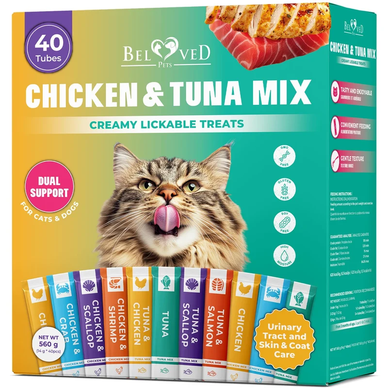 Beloved Pets – Friandises Crémeuses à Lécher en Tube (thon & poulet) pour Chats et Petits Chiens
