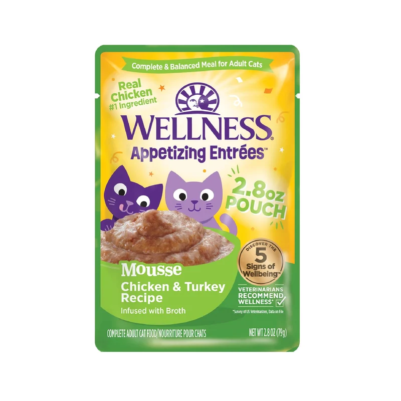 Wellness Mousse Appétissante Floconnée — Nourriture humide pour chat adulte, poulet et dinde, sans céréales, riche en protéines, 8 sachets de 80 g