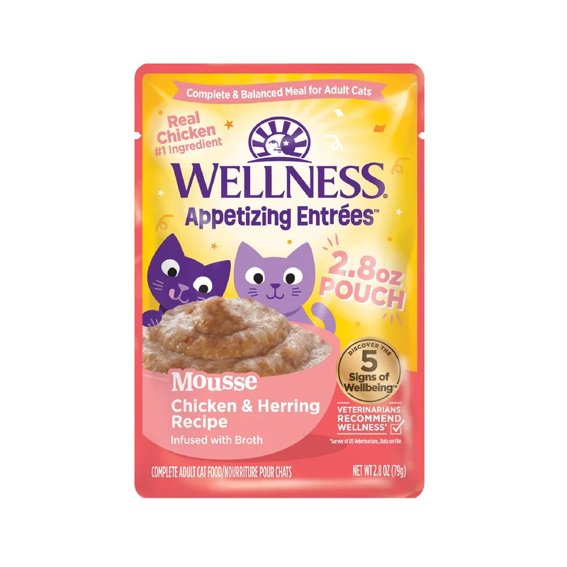 Wellness Mousse Appétissante Légère - Repas Humide Protéiné Sans Céréales pour Chat Adulte, Poulet et Hareng, Lot de 8 Sachets