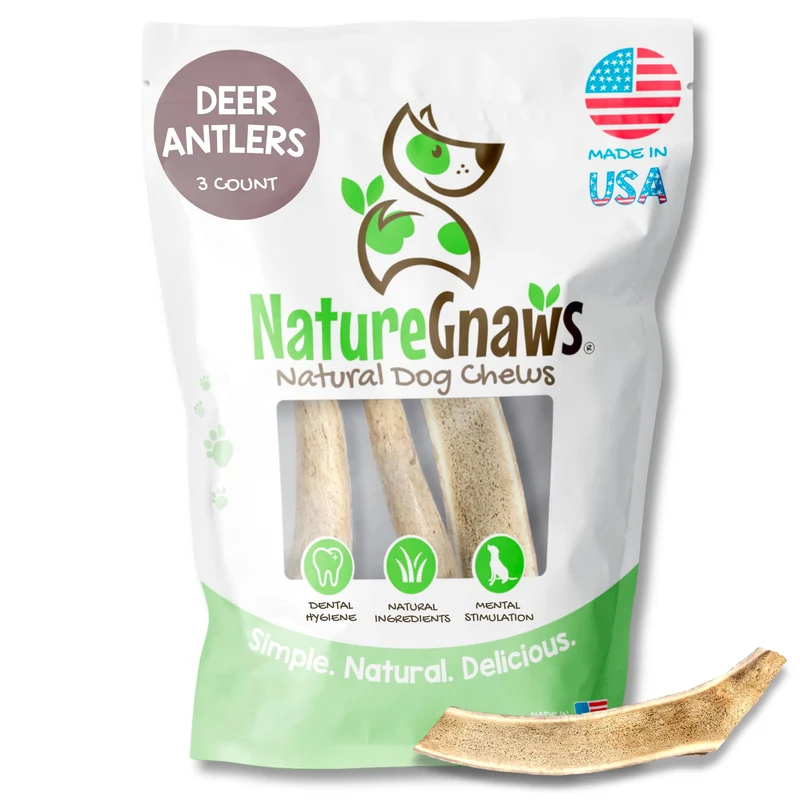 Nature Gnaws – Ramures de cerf américaines pour chiens 4-7 pouces (3 pièces) – Mélange de morceaux divisés et entiers – Durable pour petits et moyens chiens – Os à mâcher naturels