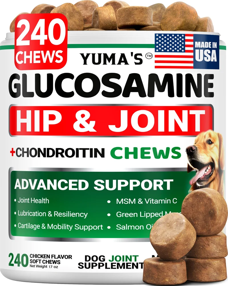 YUMA'S Glucosamine pour Chiens – 240 Friandises Hanches & Articulations – MSM & Chondroïtine – Mobilité & Bien-être – Fabriqué aux États‑Unis