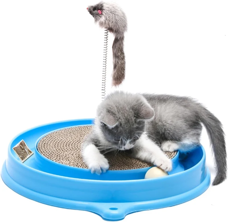 AUOON Jouet Griffoir Chat Piste à Balle – 3 en 1 (Griffoir, Souris Peluche et Balle) Bleu