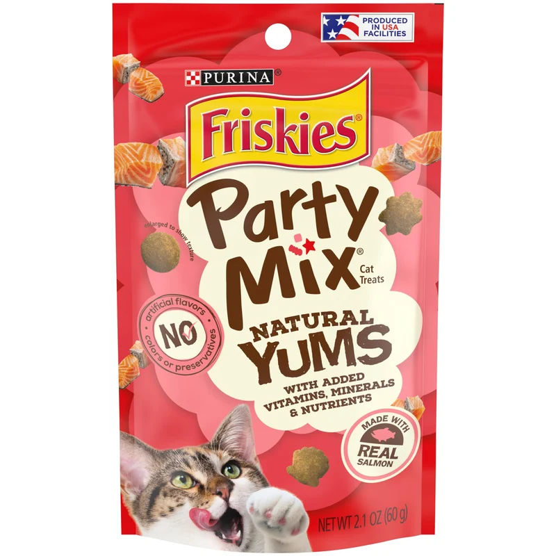 Friskies Purina – Friandises naturelles Party Mix Natural Yums au saumon réel, 10 sachets de 60 g