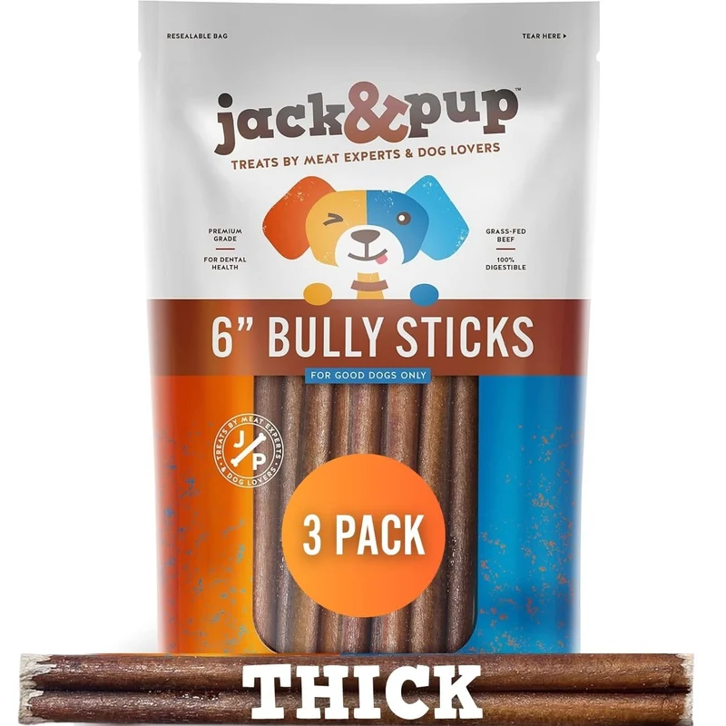 Jack&Pup Bâtonnets Bully 6 pouces – Lot de 3, Épais, 100% Boeuf pour Chiens Moyens et Grands