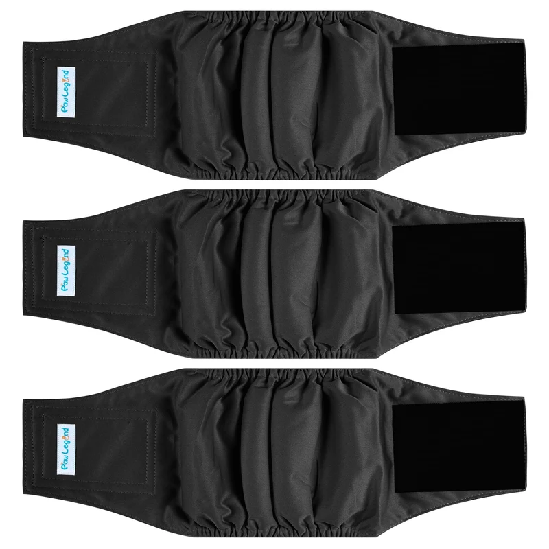 Paw Legend – Couches lavables pour chien mâle | Protège-ventre absorbant pour chiot et chien mâle (3 paquets, noir, taille L)