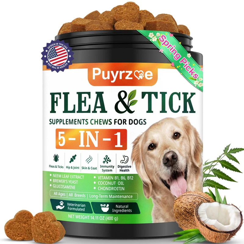 Puyrzoe 5-en-1 Comprimés Chien – Prévention naturelle puces et tiques | Articulations, peau et immunité | Digestion | Pour toutes tailles