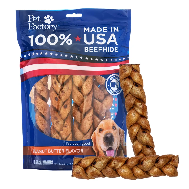 Pet Factory Baton Boeuf Tresse 7 po – Saveur Beurre de CACAHUETE, 100% USA, Pour Chiens de Taille Moyenne (Pack de 6)