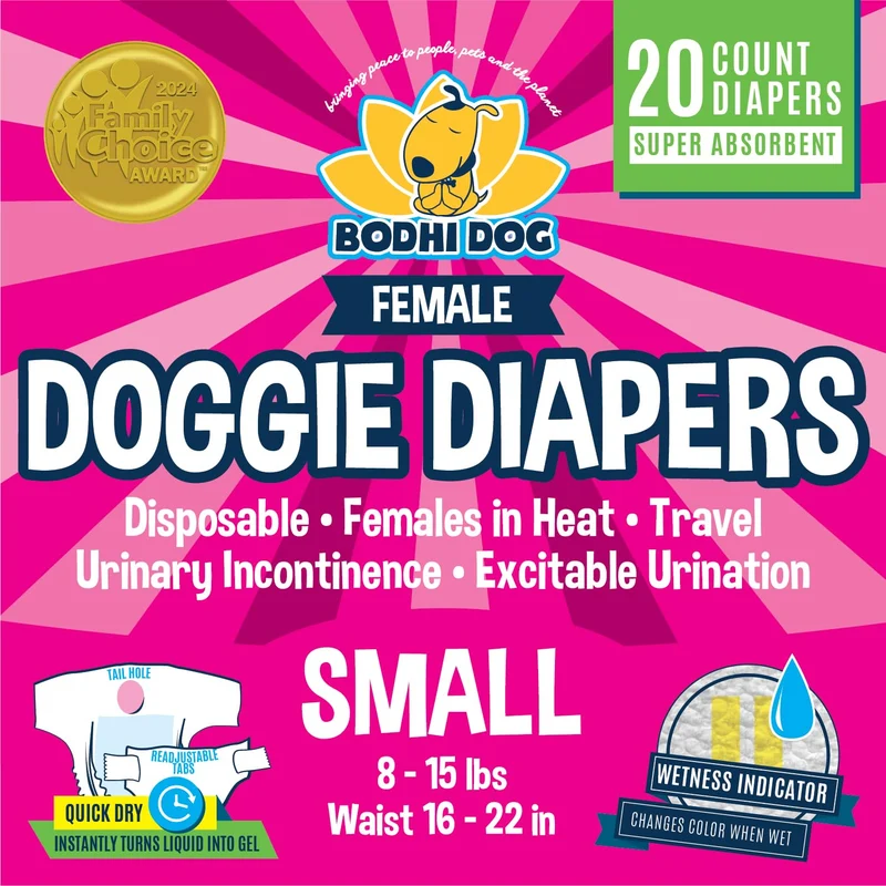 Couches jetables Bodhi Dog pour chiennes femelles – Absorbantes, ajustables et indicateur d’humidité – Petite (20 unités)