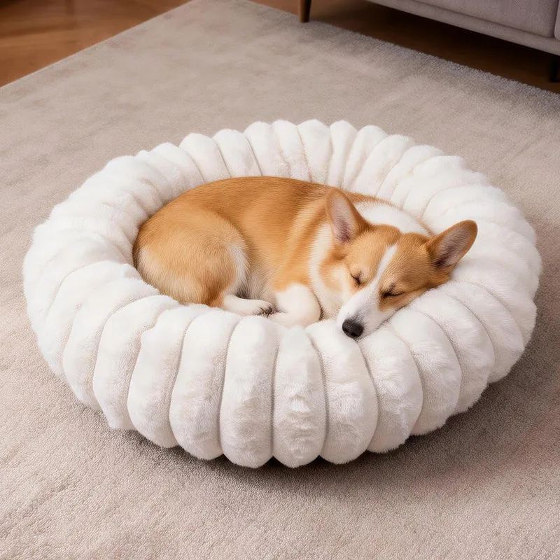 Vhen When Lit Donut pour Chien et Chat – Fourrure Lapin Blanche, 20 Pouces, Base Antidérapante