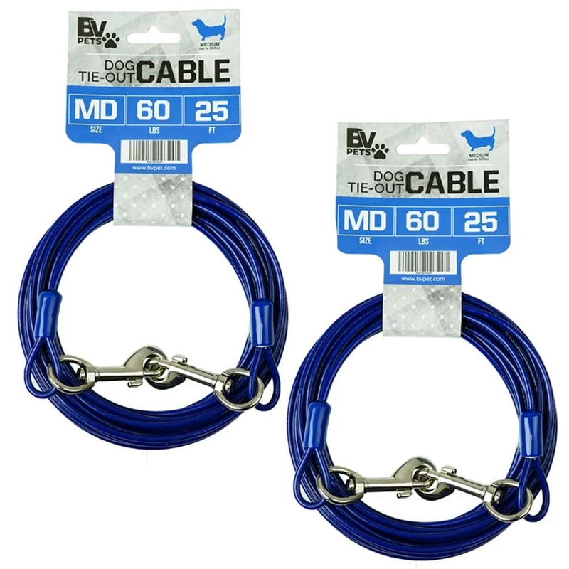 BV Câble d’attache pour chien 25 pieds - Résistant jusqu’à 60 lb, réfléchissant et sans rouille - Clips pivot 360° (Bleu, Paire)