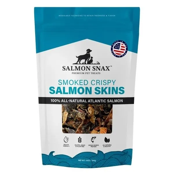 Salmon Snax – Friandises pour Chien: Peau de Saumon Fumée, 12 oz, Saumon Atlantique 100%, Sans Gluten, Protéine Unique, Sac Refermable, Fabriqué aux États-Unis