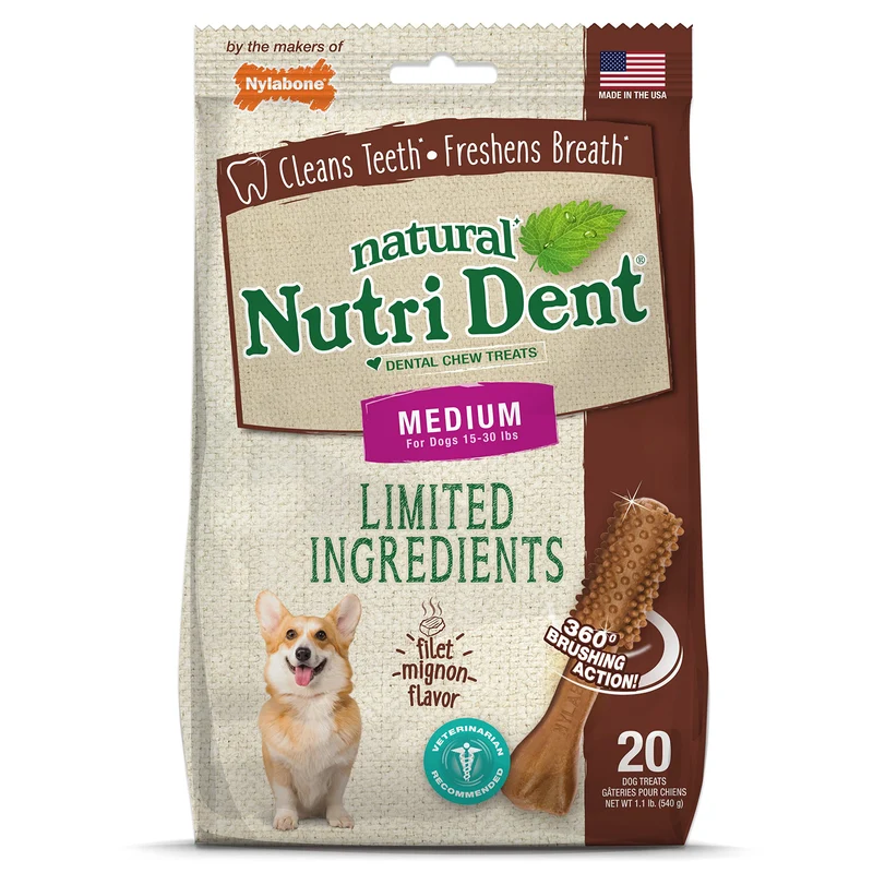 Nylabone Nutri Dent – Friandises dentaires pour chien Saveur filet mignon, Taille moyenne (20 unités)