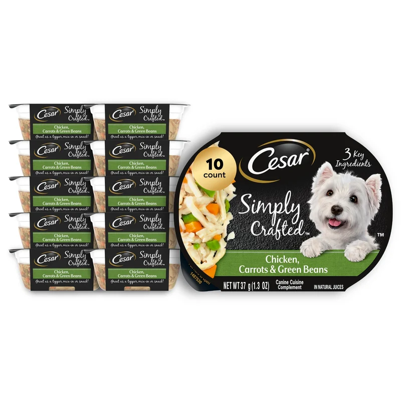 Cesar Simply Crafted Toppers Humides – Poulet, Carottes & Haricots Verts, 10 Pots 1,3 oz