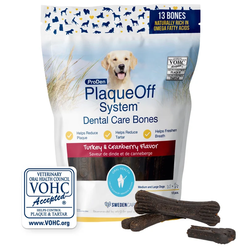 ProDen PlaqueOff Système Soin Dentaire pour Chiens – Os à Mâcher, Haleine Fraîche et Plaque – Saveur Dinde-Cranberry – 17 oz