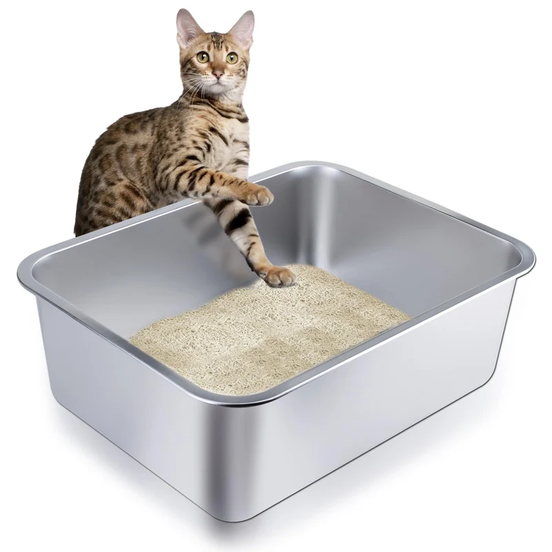 LOPYK Boîte à litière en inox – Grand modèle, bords hauts, sans odeur et facile à nettoyer