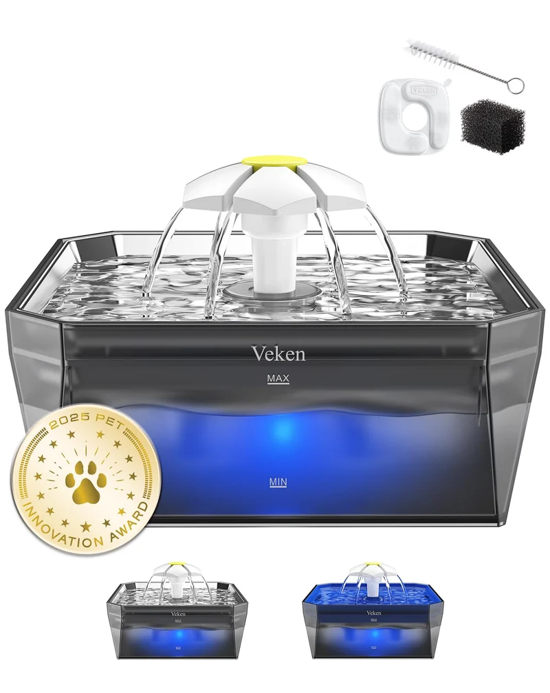 Veken Fontaine pour petits animaux – Capacité 1500 ml, couvercle inox, pompe silencieuse, facile à nettoyer – Argent