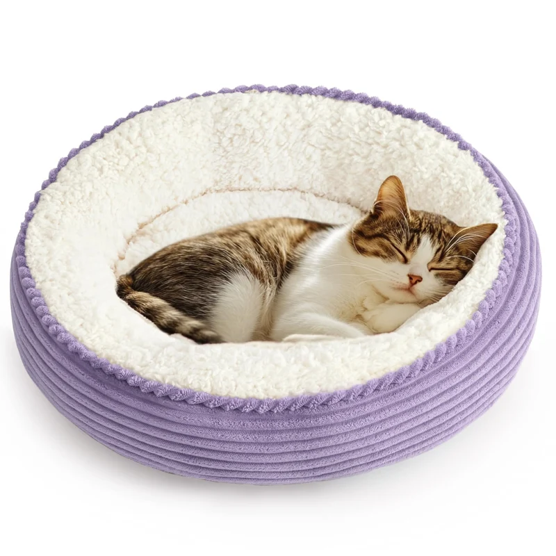 Love's cabin Coussin rond en beignet pour chat et petit chien - lit 20 po, fond antidérapant et résistant à l'eau, tissu doux lavable, couleur rayée lavande
