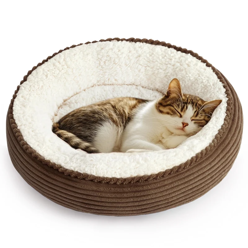 Love's cabin Nid Donut 20 pouces – Chats et Petits Chiens, Base Antidérapante, Lavable, Tissu Ultra-Doux, Brun Rayé
