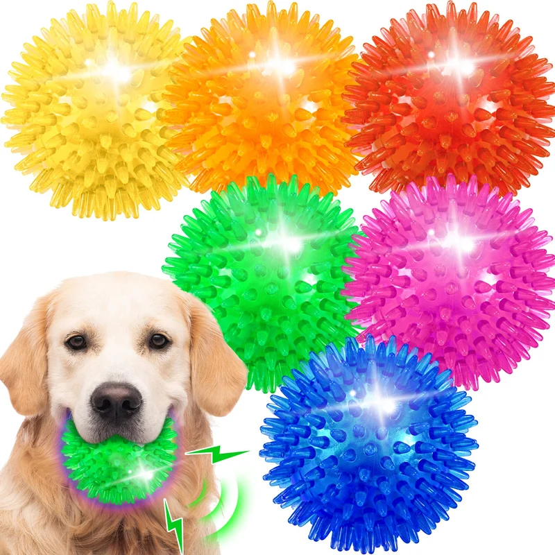 Ousiya – Lot de 6 balles pour chien lumineuses 3,5 pouces | Sifflet, LED, TPR durable