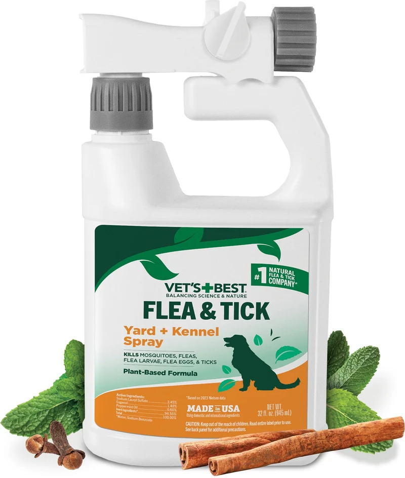 Vet's Best Spray Extérieur Anti-Puces/Tiques et Moustiques – Embout Tuyau Prêt à l’Emploi, 32 oz