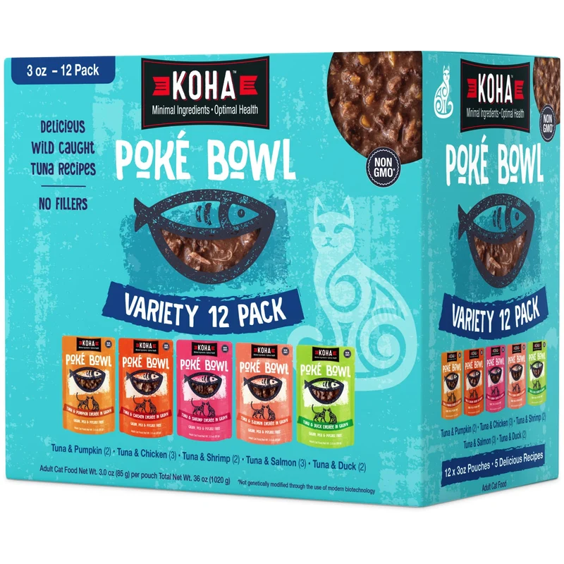 KOHA Poké Bowl Chat – Pack Variété en Sauce Savoureuse, 7 Saveurs, Pochettes 3 oz, Lot de 12