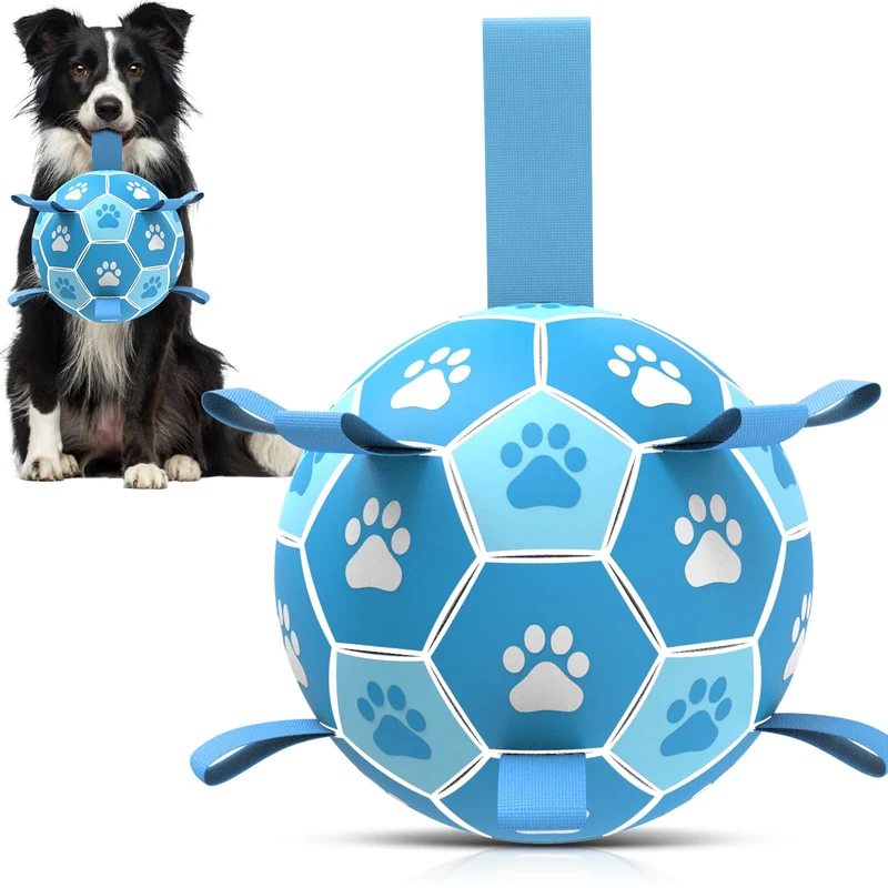 QDAN Balle de football pour chien premium avec sangles – jouet extérieur et entraînement (6 pouces)