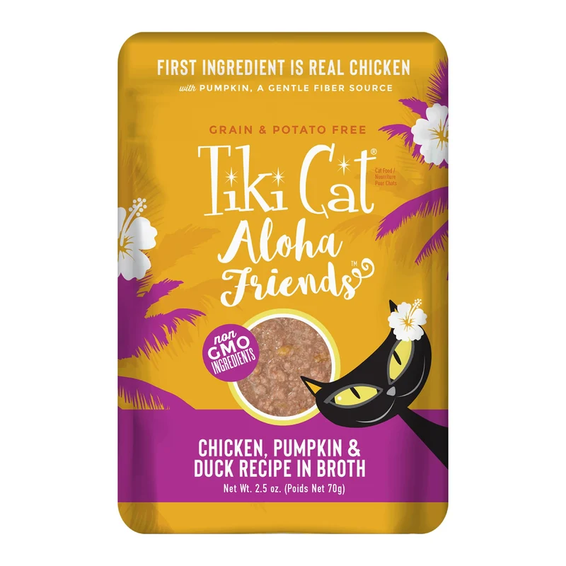 Tiki Cat Aloha Friends – Poulet, Potiron & Canard, Sans Céréales, Humide pour Chats | Sachets 2,5 oz x12