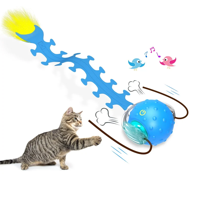 Giociv Balle Interactif pour Chats d’Intérieur – Centipède Bleu, Roulement Rapide et Chants d’oiseaux