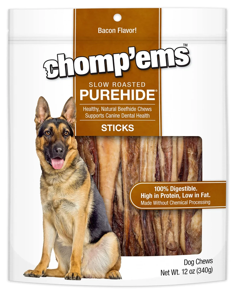 Chomp'ems Purehide Sticks – Bâtons Rawhide Naturels au Bacon pour Chien, 12 oz | CHOMP 'EMS