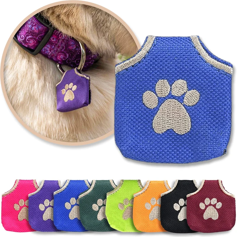Woofhoof Silenceur de Médailles pour Chien – Bleu Empreinte Patte, peut contenir 4 IDs, Nylon Durable