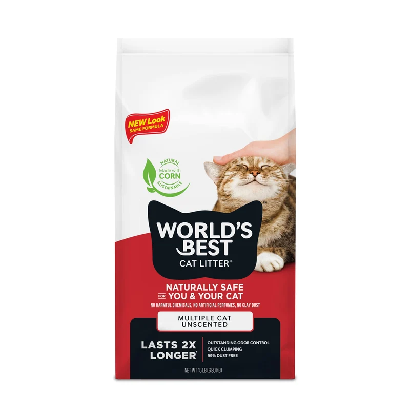 World's Best Cat Litter – Litière multi-chats non parfumée, 15 lb, ingrédients naturels, agglomération rapide, sans poussière, fabriquée aux États‑Unis