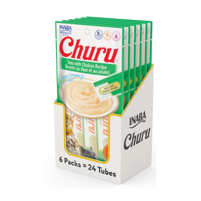 INABA Churu Friandises pour Chats – Purée Crémeuse à Lécher Sans Graines Taurine et Vitamine E, Thon et Poulet, 24 tubes (14 g chacun)