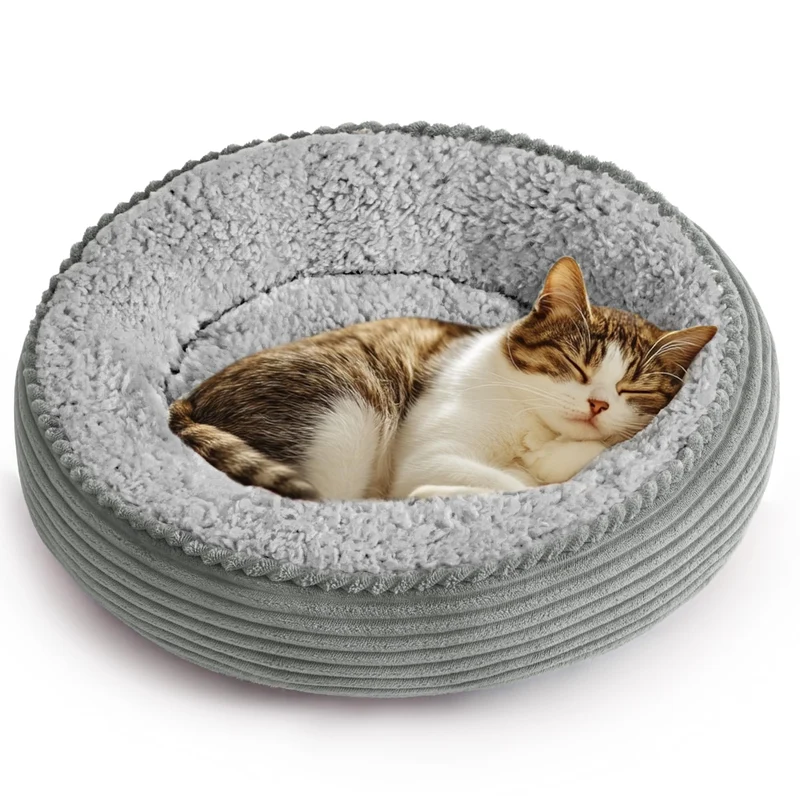 Love's cabin – Coussins donut rond pour chat et petit chien, 20 pouces, antidérapant et résistant à l'eau, tissu ultra doux, gris rayé