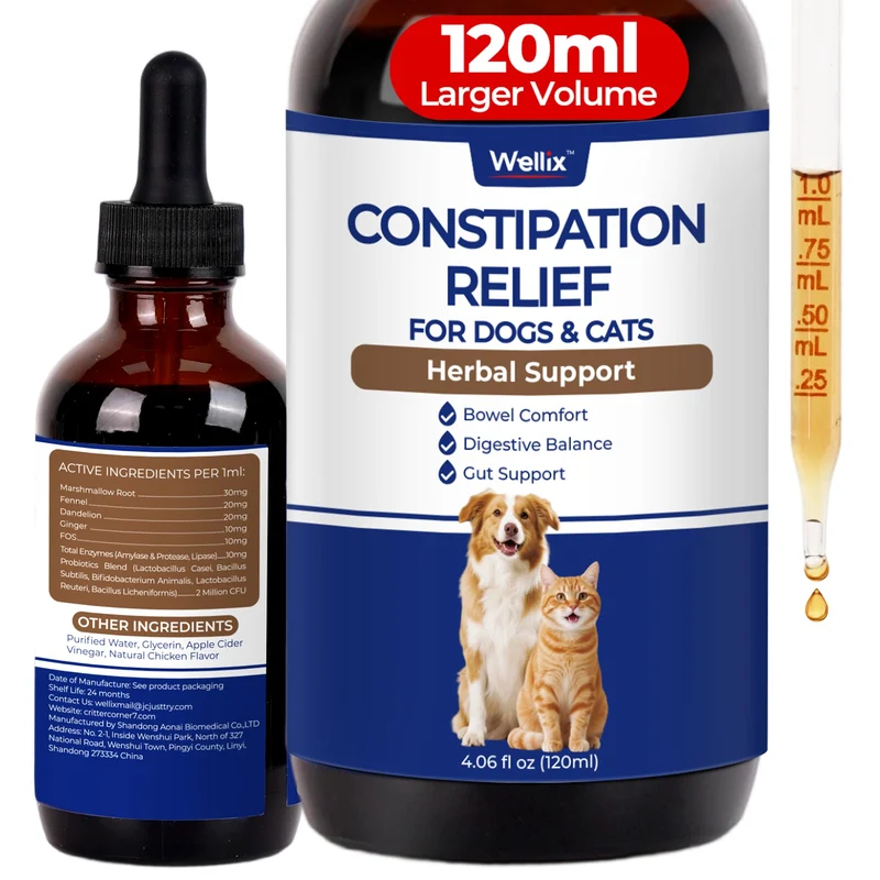 Wellix 120 ml – Soulagement constipation pour chats et chiens – Laxatif liquide saveur poulet, pissenlit, prébiotiques et probiotiques