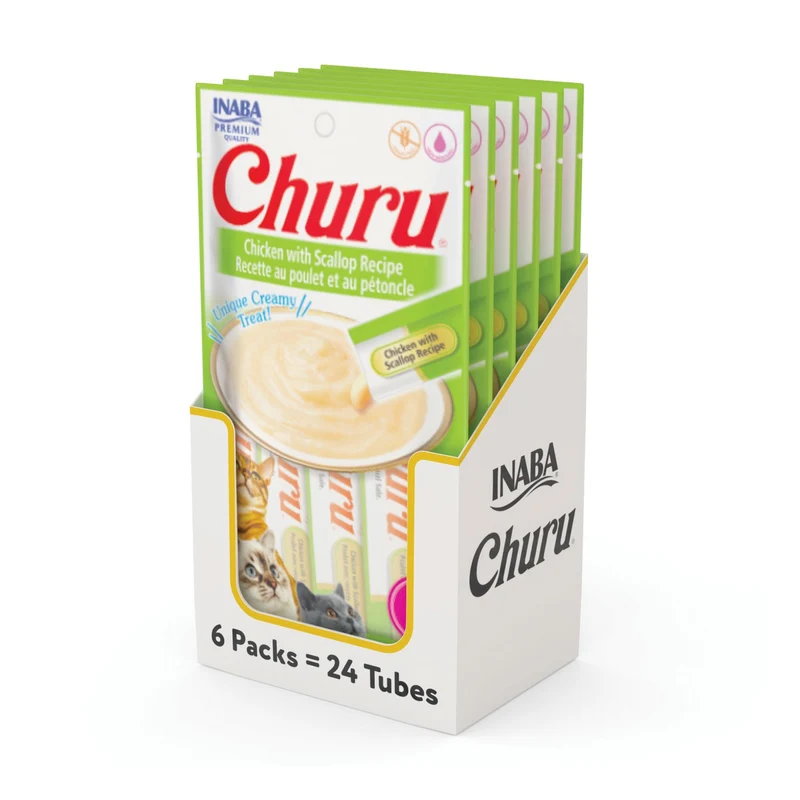 INABA Churu Cat Treats Purée Lickable Sans Céréales — Poulet et Saint-Jacques, 24 tubes de 14 g