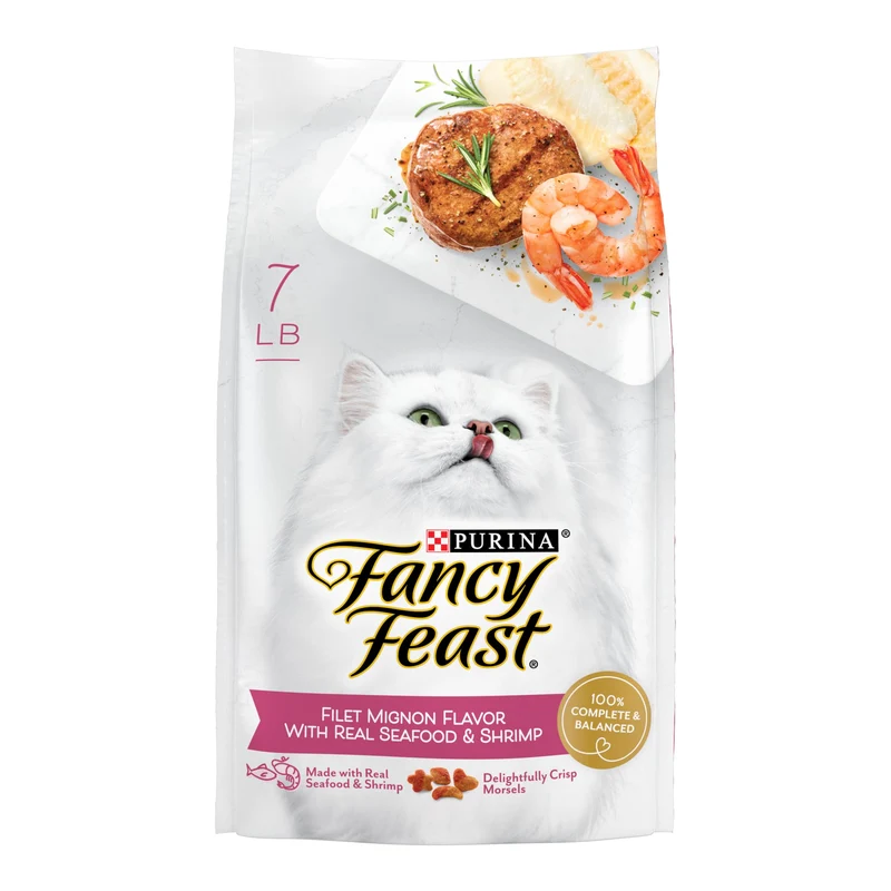 Fancy Feast Purina Filet Mignon – Saveur Fruits de Mer et Crevettes, Croquant Sec pour Chat