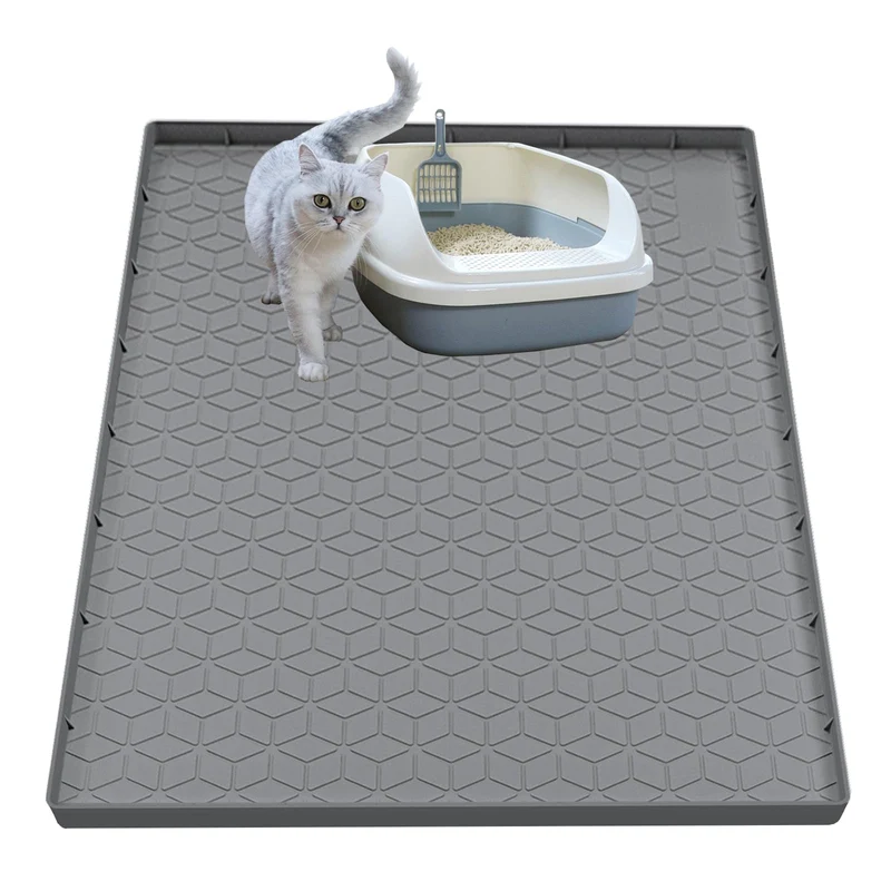 Tapis pour litière de chat Jacooxi – Silicone grand 34'' x 22'', antidérapant et étanche, Gris