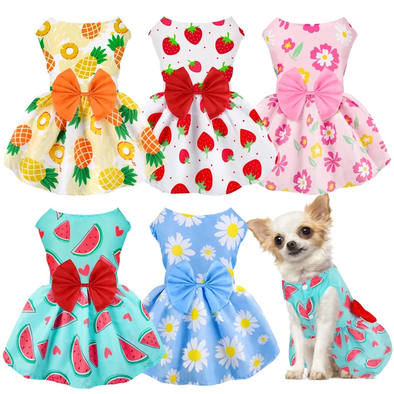 BAOBICUTE – Lot de 5 robes pour petit chien, imprimé floral été, avec nœud décoratif