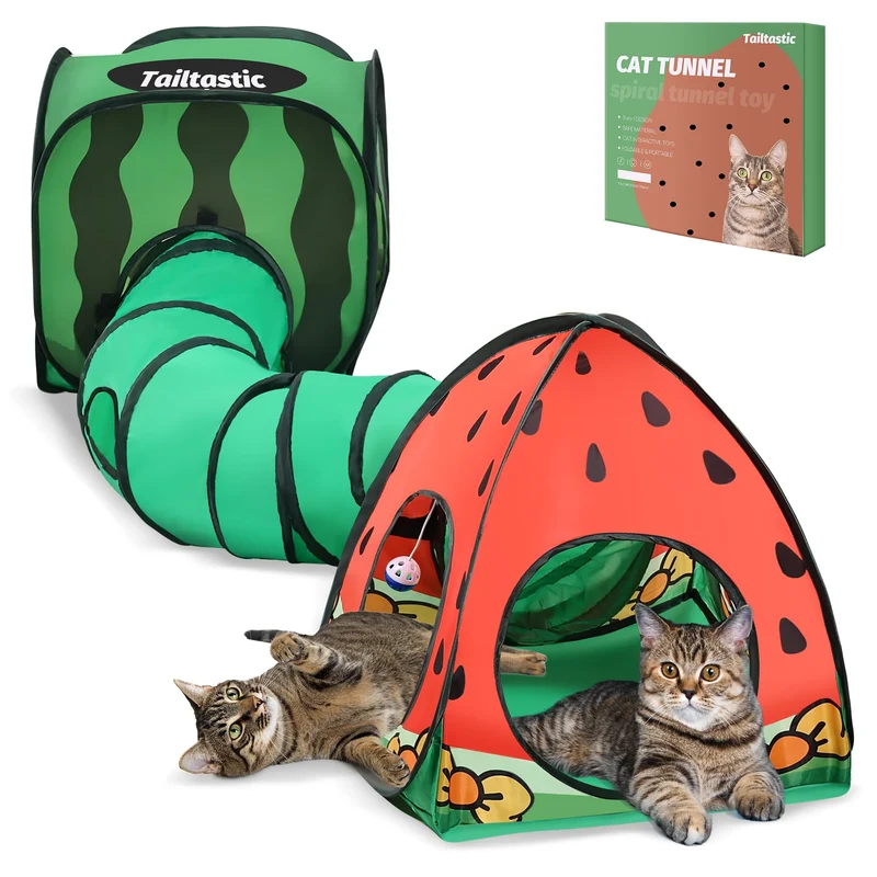 TailTastic Tunnel pour Chat 3-en-1 Pastèque – Tente Cube Pop-Up et Tente Triangle