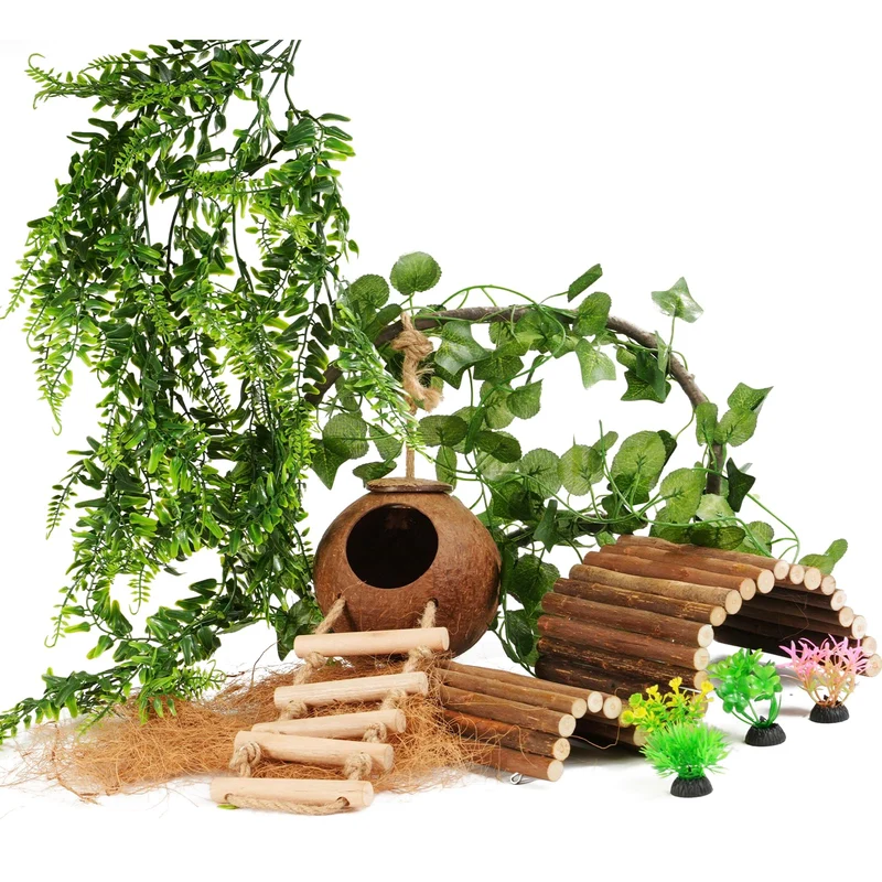COSOC - 10 Pièces Accessoires Terrarium Gecko à Crête – Hutte Coco, Pont Flexible et Plantes